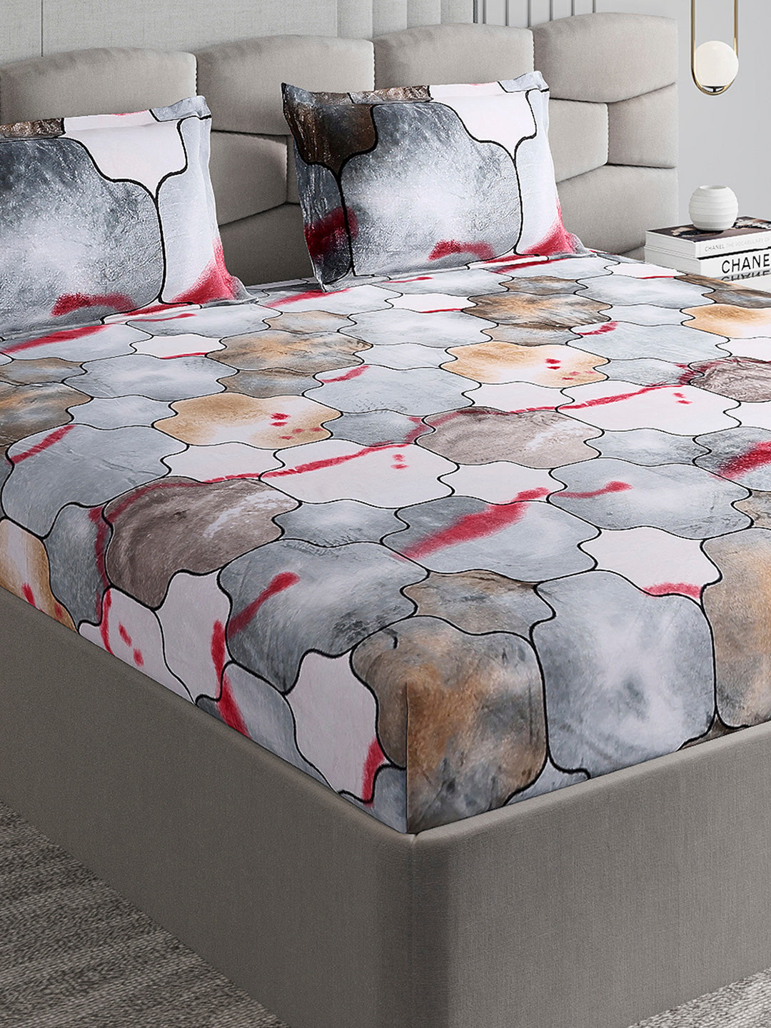 374 GSM Polyester Double Bed 1 Bedsheet with 2 Pillow Cover (Impression)