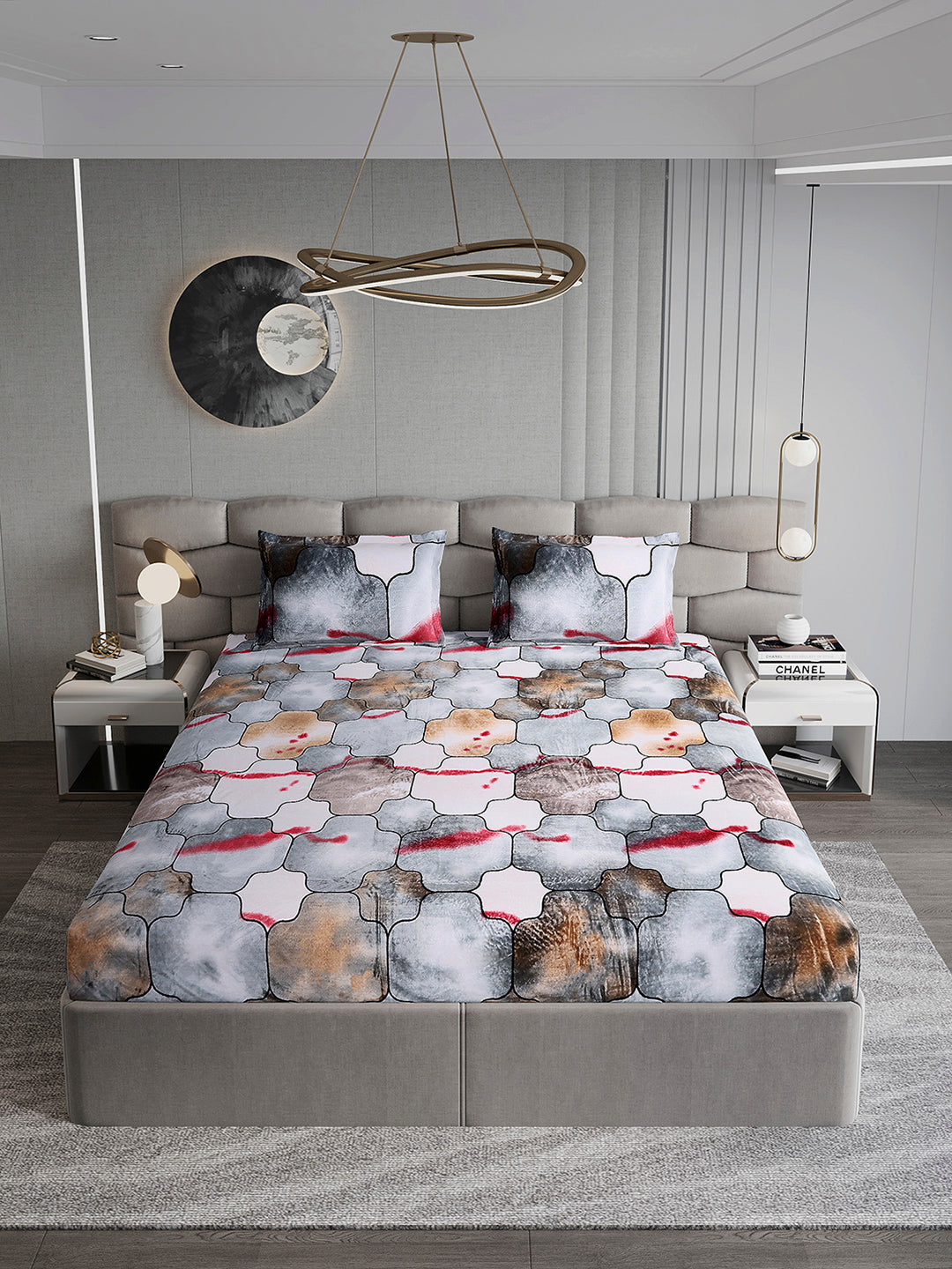 374 GSM Polyester Double Bed 1 Bedsheet with 2 Pillow Cover (Impression)