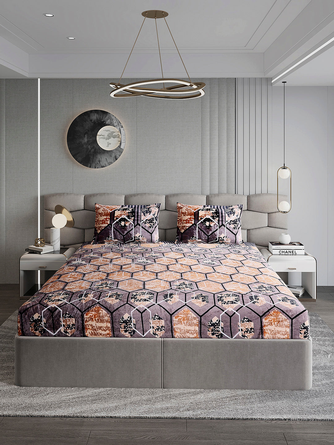 374 GSM Polyester Double Bed 1 Bedsheet with 2 Pillow Cover (Impression)
