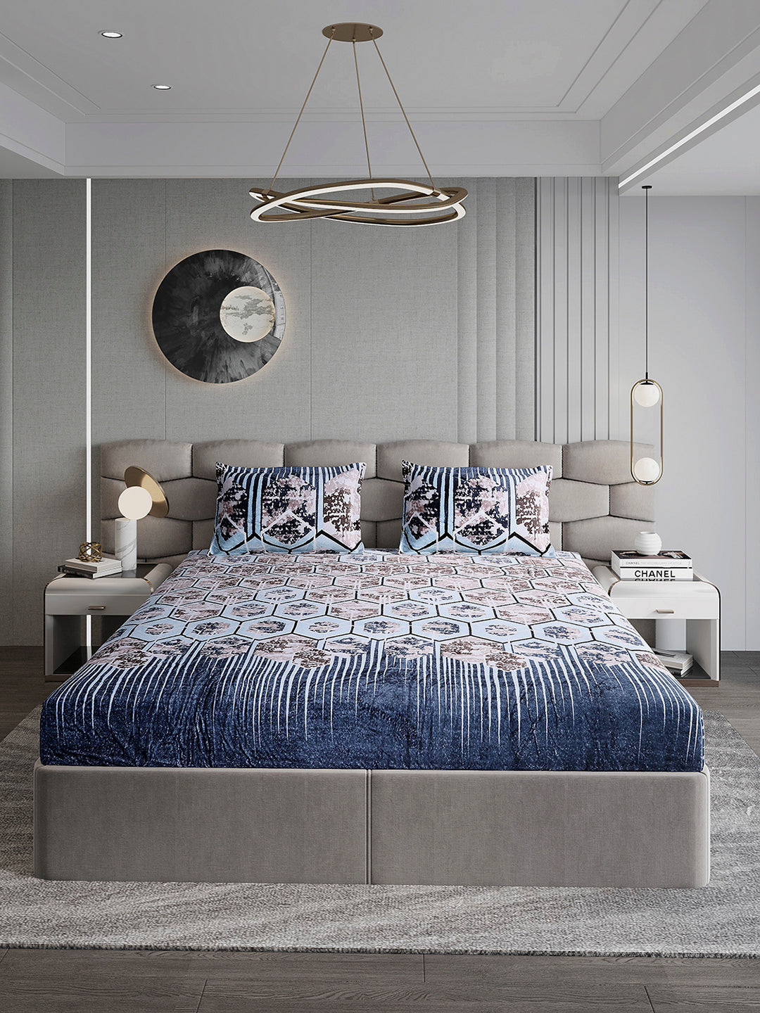 374 GSM Polyester Double Bed 1 Bedsheet with 2 Pillow Cover (Impression)