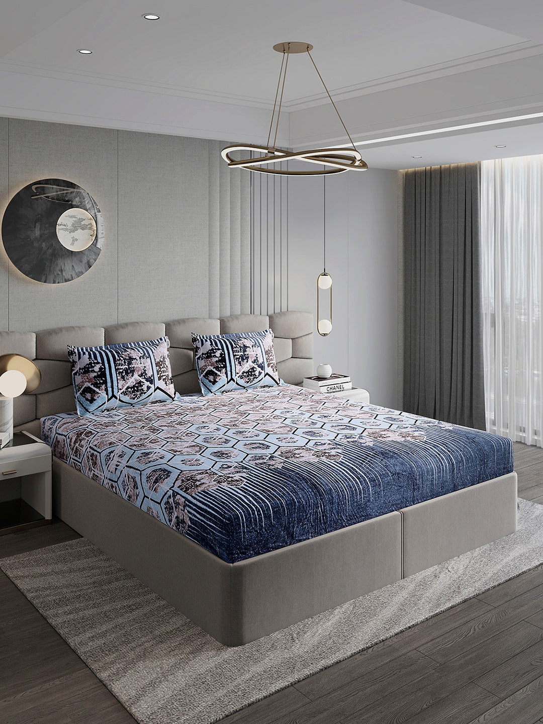 374 GSM Polyester Double Bed 1 Bedsheet with 2 Pillow Cover (Impression)