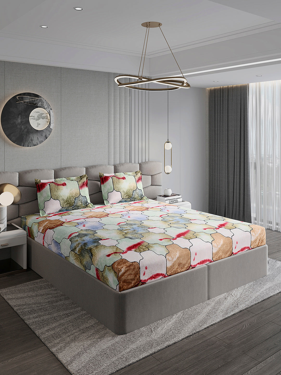 374 GSM Polyester Double Bed 1 Bedsheet with 2 Pillow Cover (Impression)