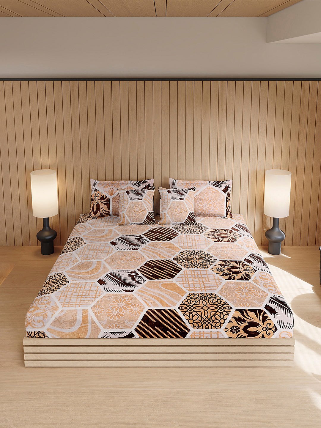 487 GSM 100% Polyester Double Bed 1 Bedsheet, 2 Pillow Cover & 2 Cushion Case (Pristine 4 Pcs Set)