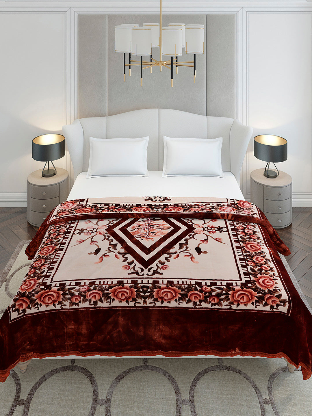 Printed Double Bed 2 Ply, 1042 GSM Cloudy Blanket for Heavy Winter - (Emilia)