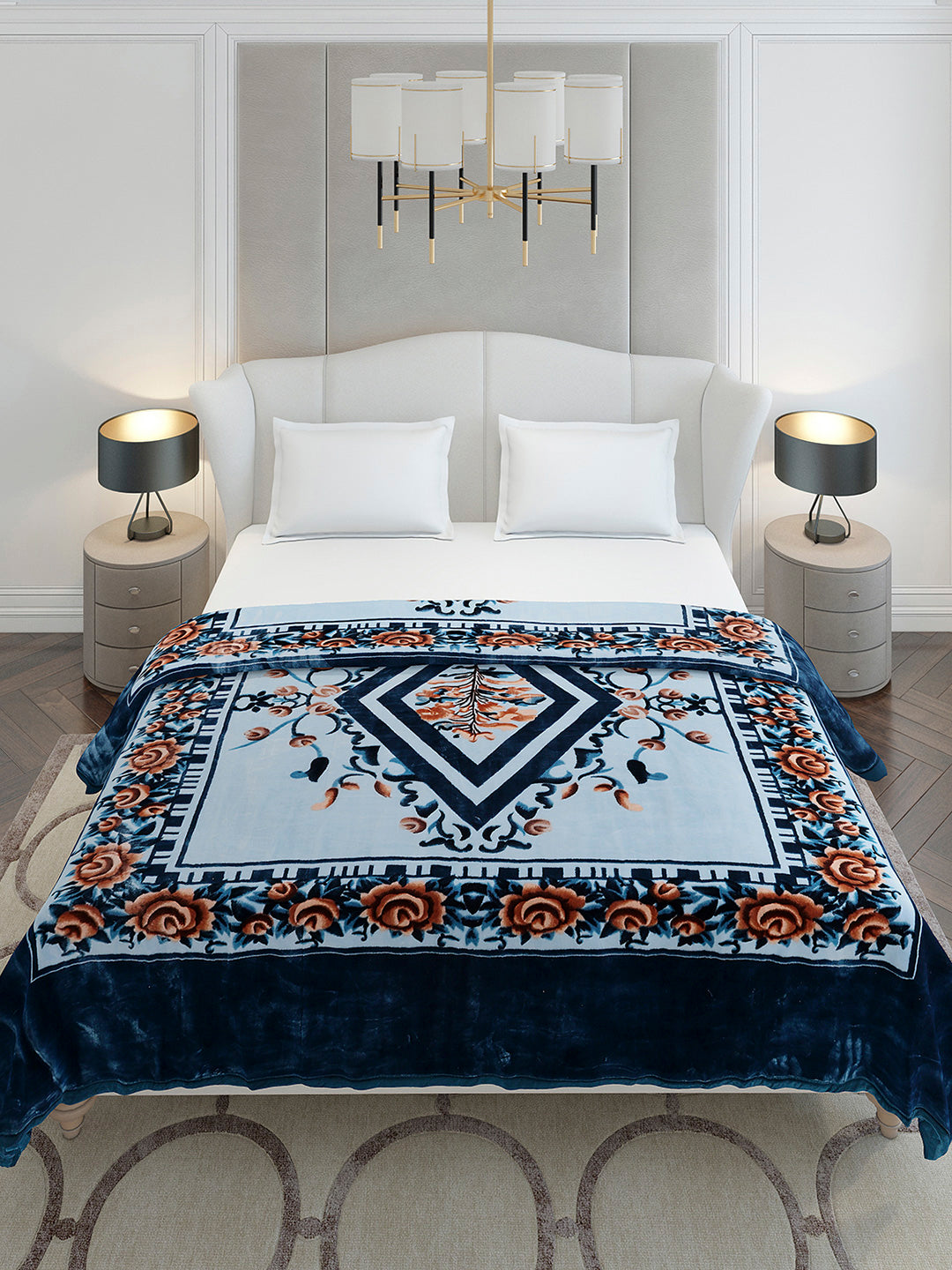 Printed Double Bed 2 Ply, 1042 GSM Cloudy Blanket for Heavy Winter - (Emilia)