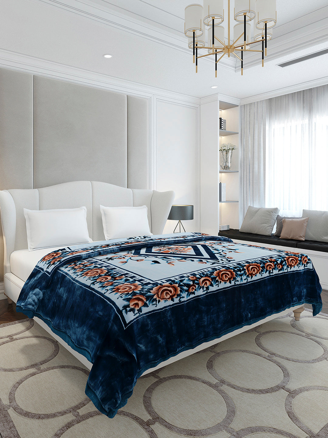 Printed Double Bed 2 Ply, 1042 GSM Cloudy Blanket for Heavy Winter - (Emilia)