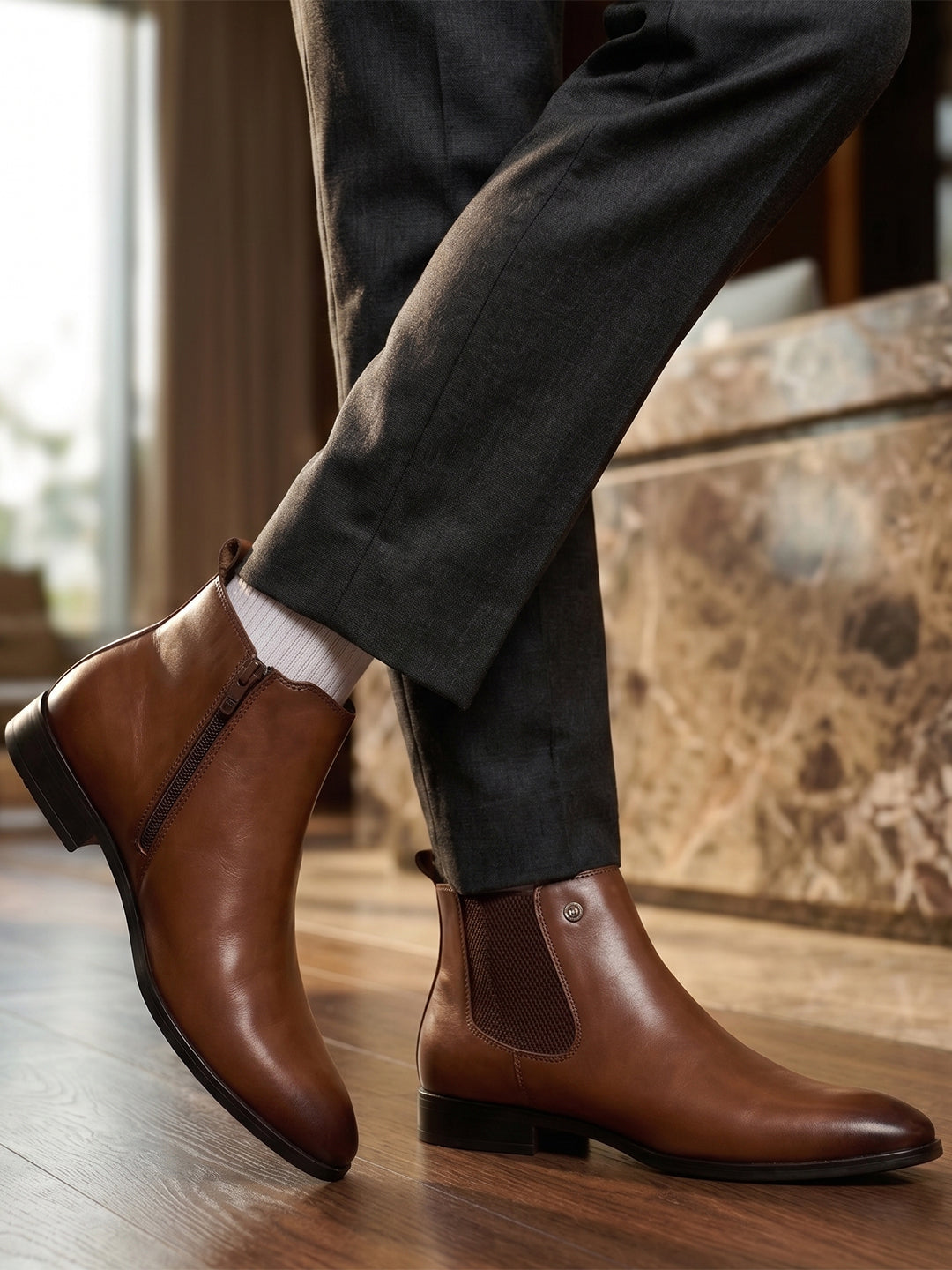 Monte Carlo Classic Elegant Chelsea Ankle Boots for Men Comfortable Chic Pointed Toe Low Block Heel Boots for Everyday Wear Slip-On with Elastic Side Panel