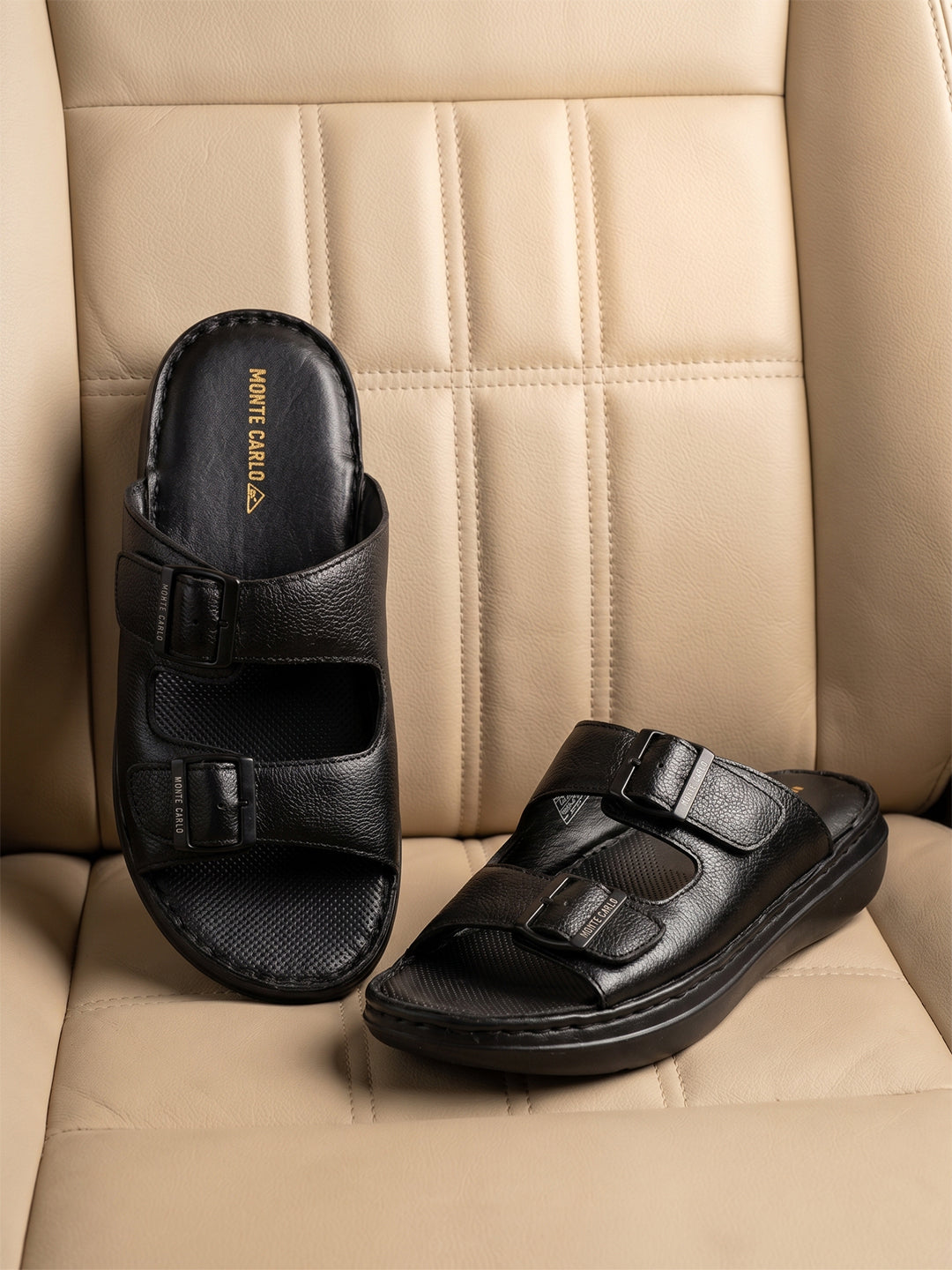 Monte Carlo Black Slip on Genuine Leather Comfort Sandals for Men