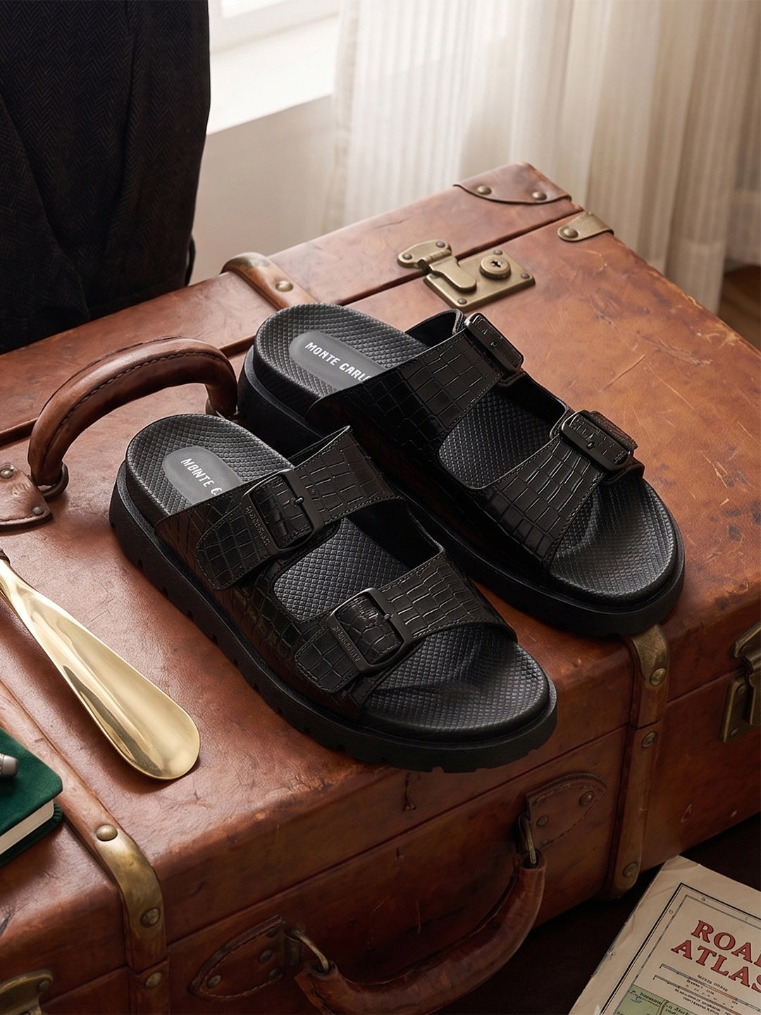 Monte Carlo Men's Croc-Textured Double-Strap Slide Sandals Adjustable Buckle Comfort Footwear