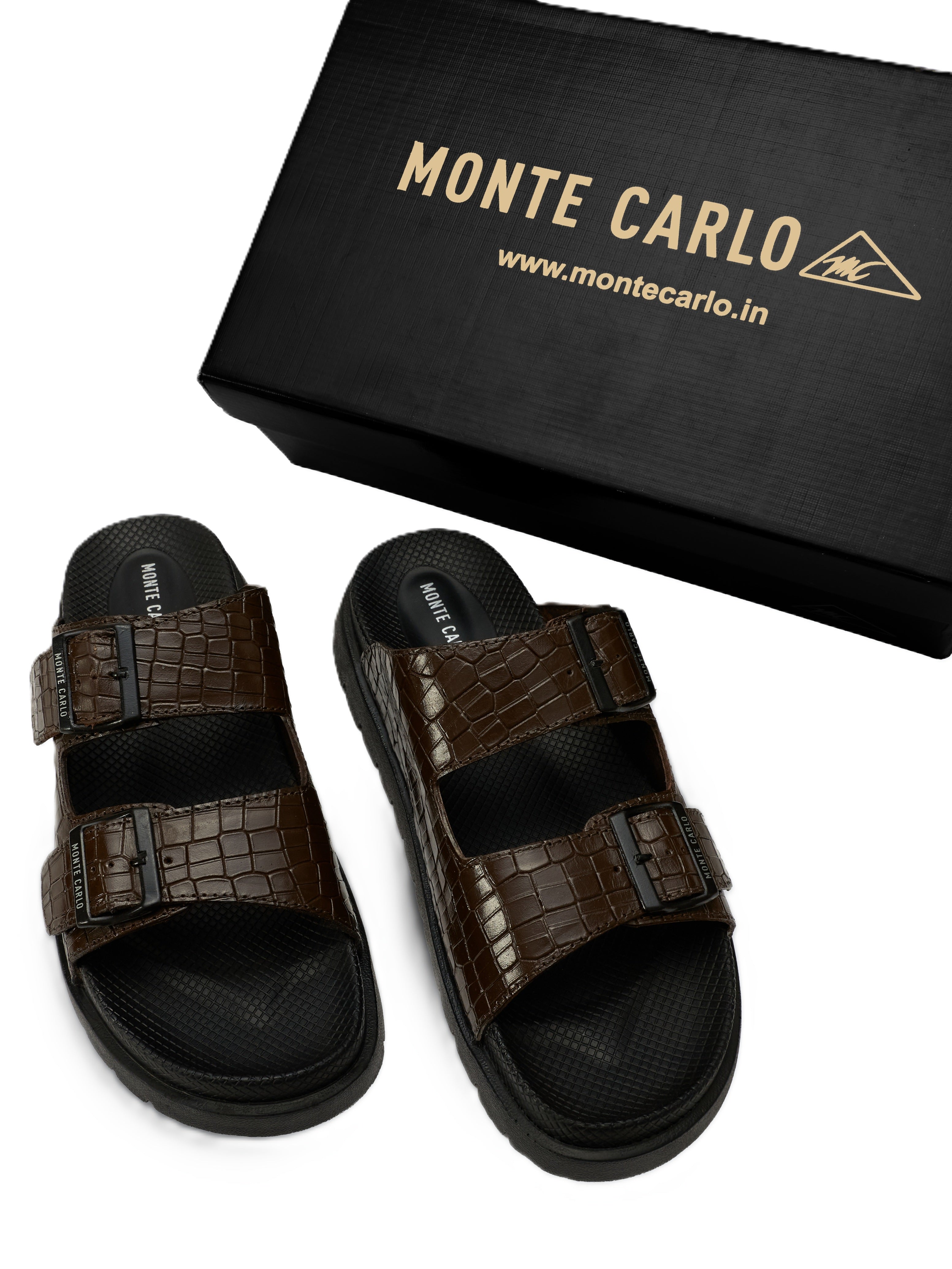 Monte Carlo Men's Croc-Textured Double-Strap Slide Sandals Adjustable Buckle Comfort Footwear