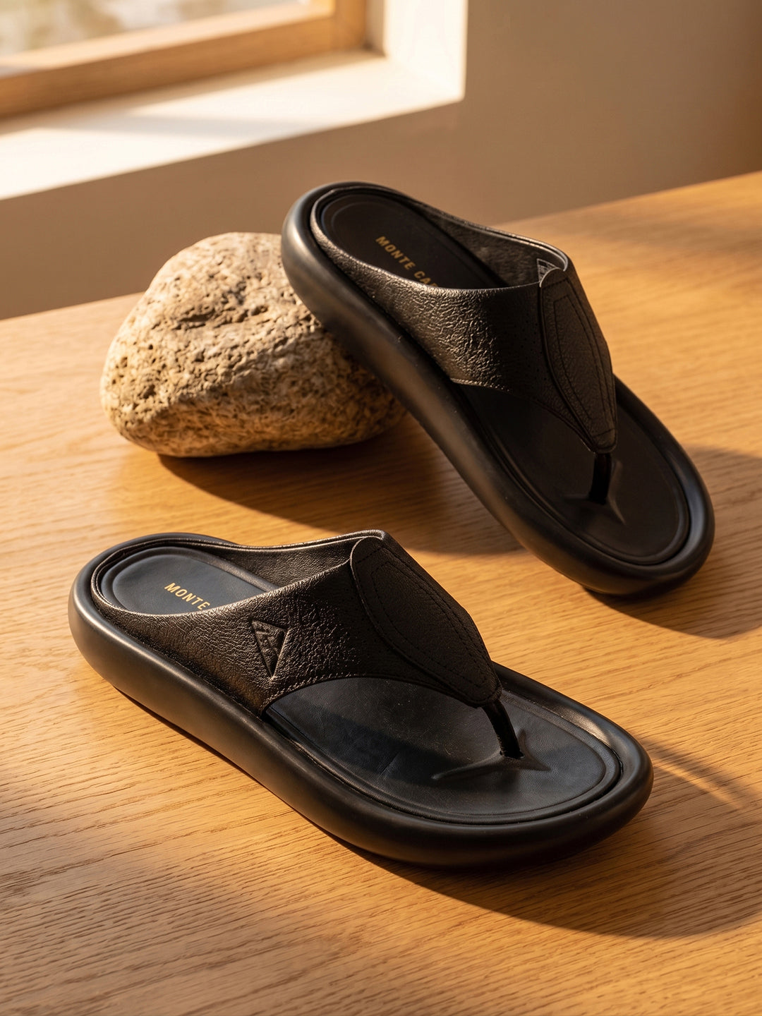 Monte Carlo Black Slip on Genuine Leather Comfort Sandals for Men