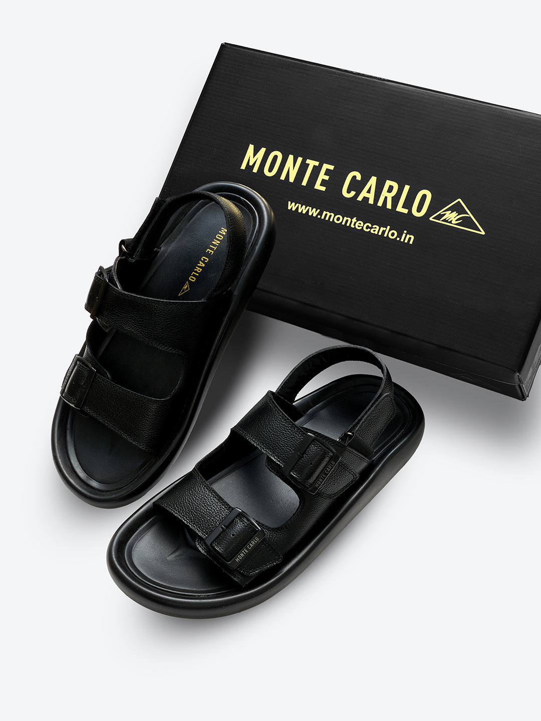 Monte Carlo Black Velcro Genuine Leather Comfort Sandals for Men