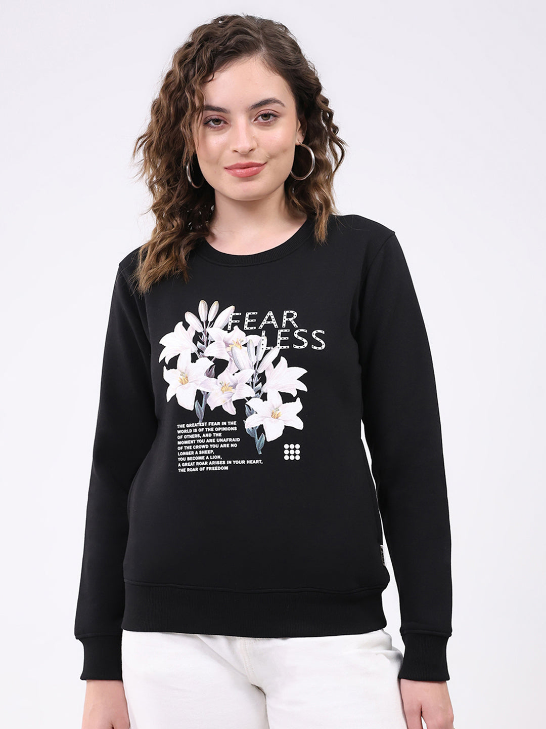 Women Black Printed Round Neck Full Sleeve Sweatshirt