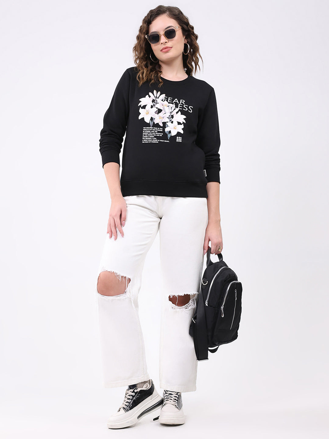 Rock.it Women Black Printed Round Neck Full Sleeve Sweatshirt