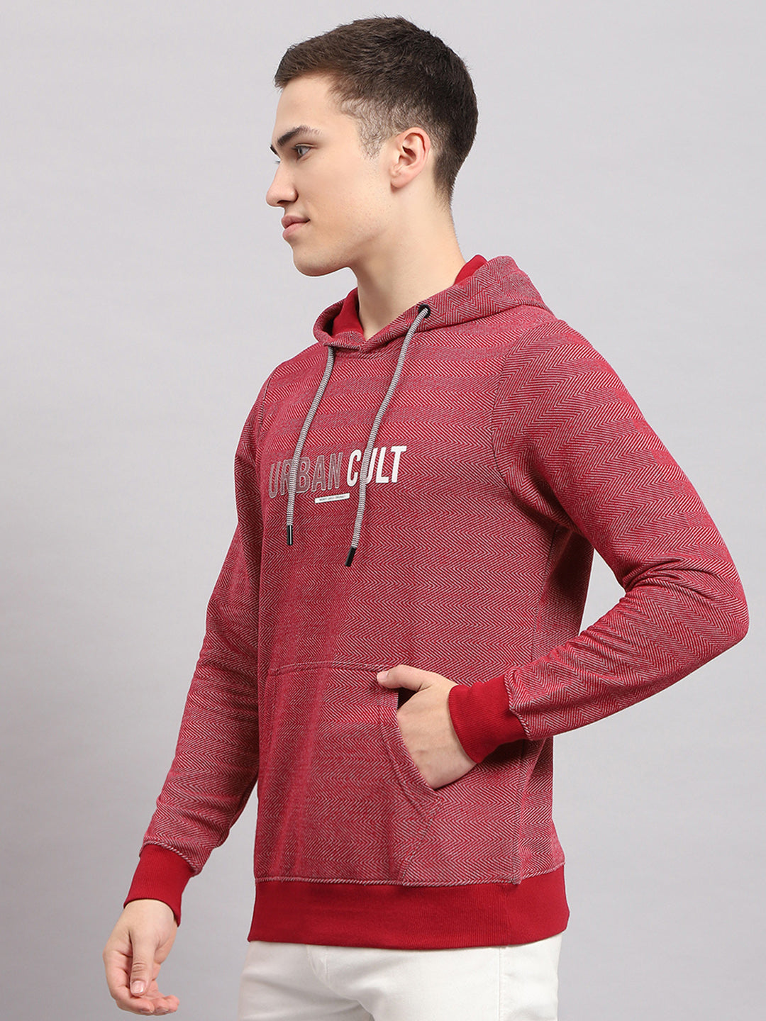 Men Maroon Printed Hooded Full Sleeve T-Shirt
