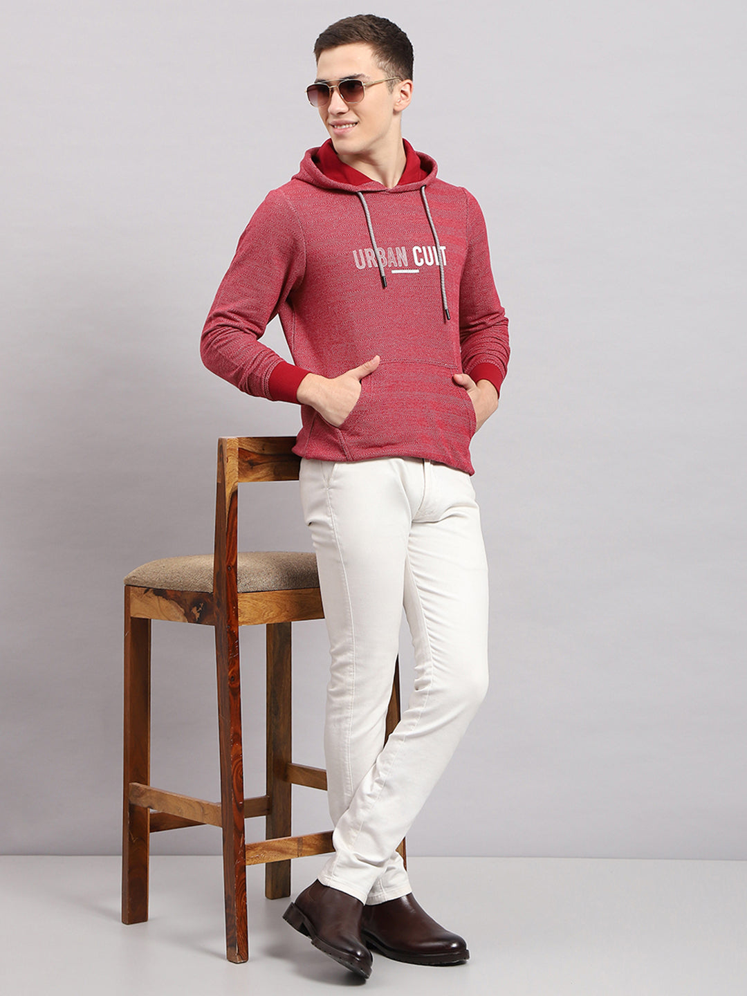 Men Maroon Printed Hooded Full Sleeve T-Shirt