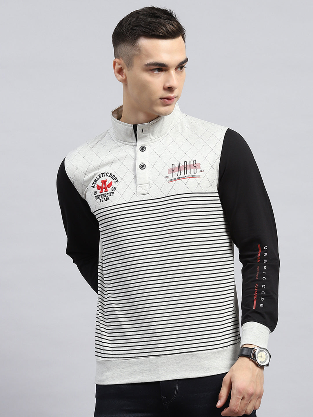 Men Black White Printed Mock Neck Full Sleeve Winter T-Shirt