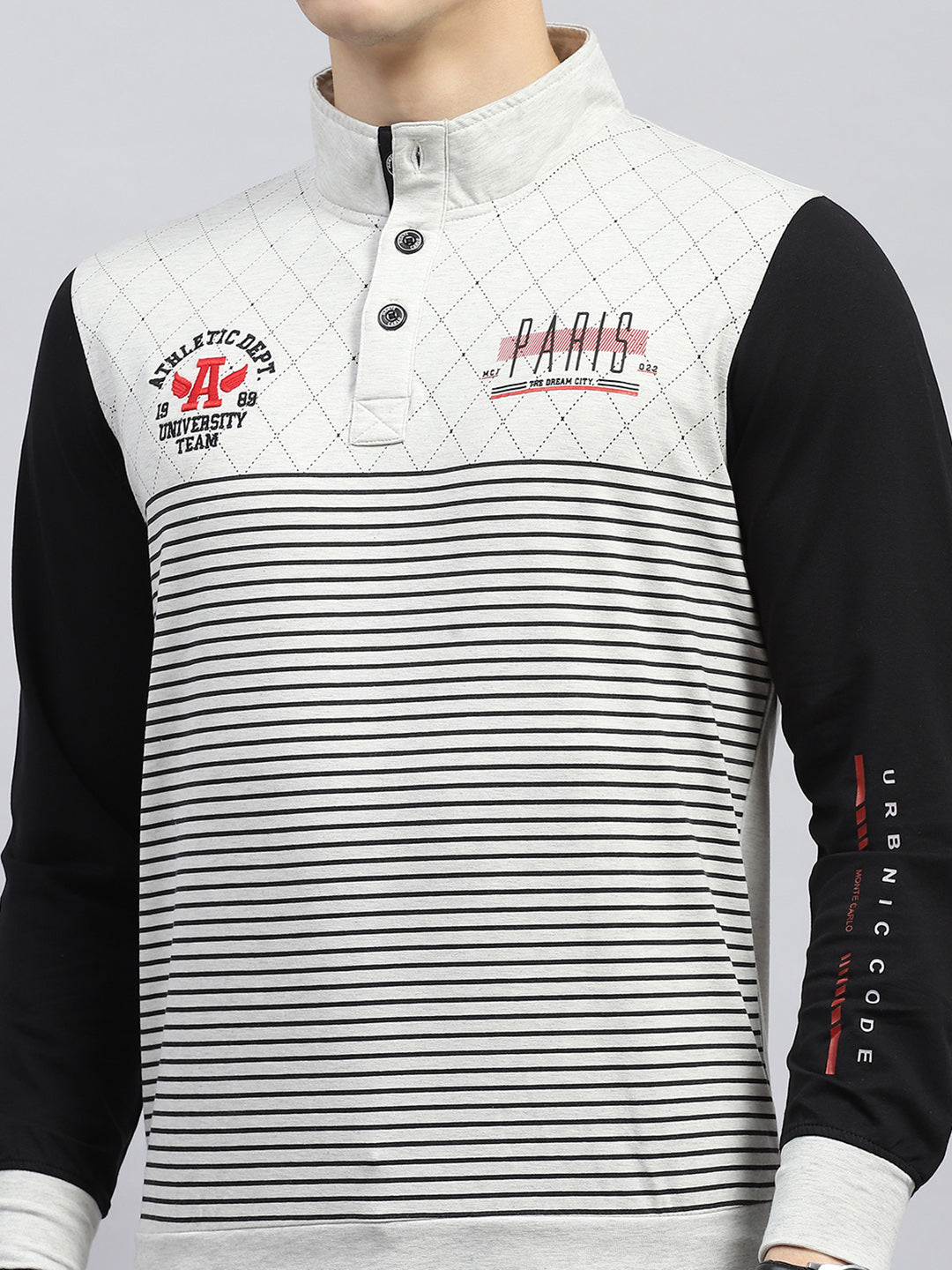 Men Black & White Printed Mock Neck Full Sleeve Winter T-Shirt