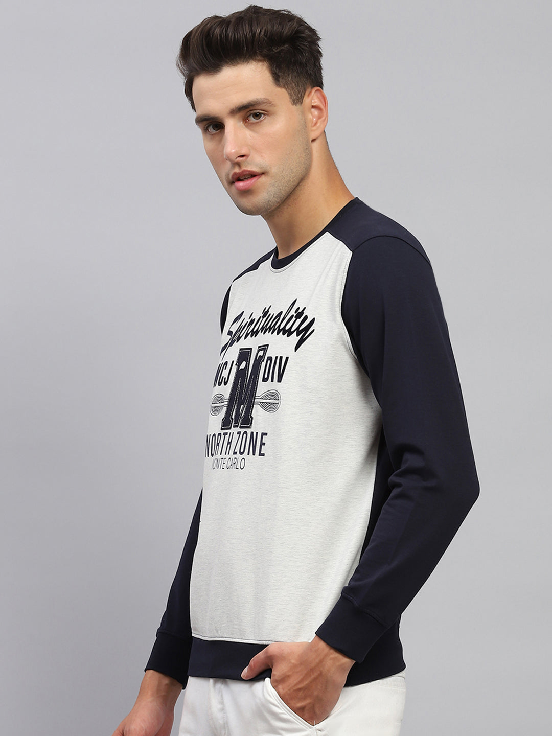 Men Navy Blue Printed Round Neck Full Sleeve T-Shirt