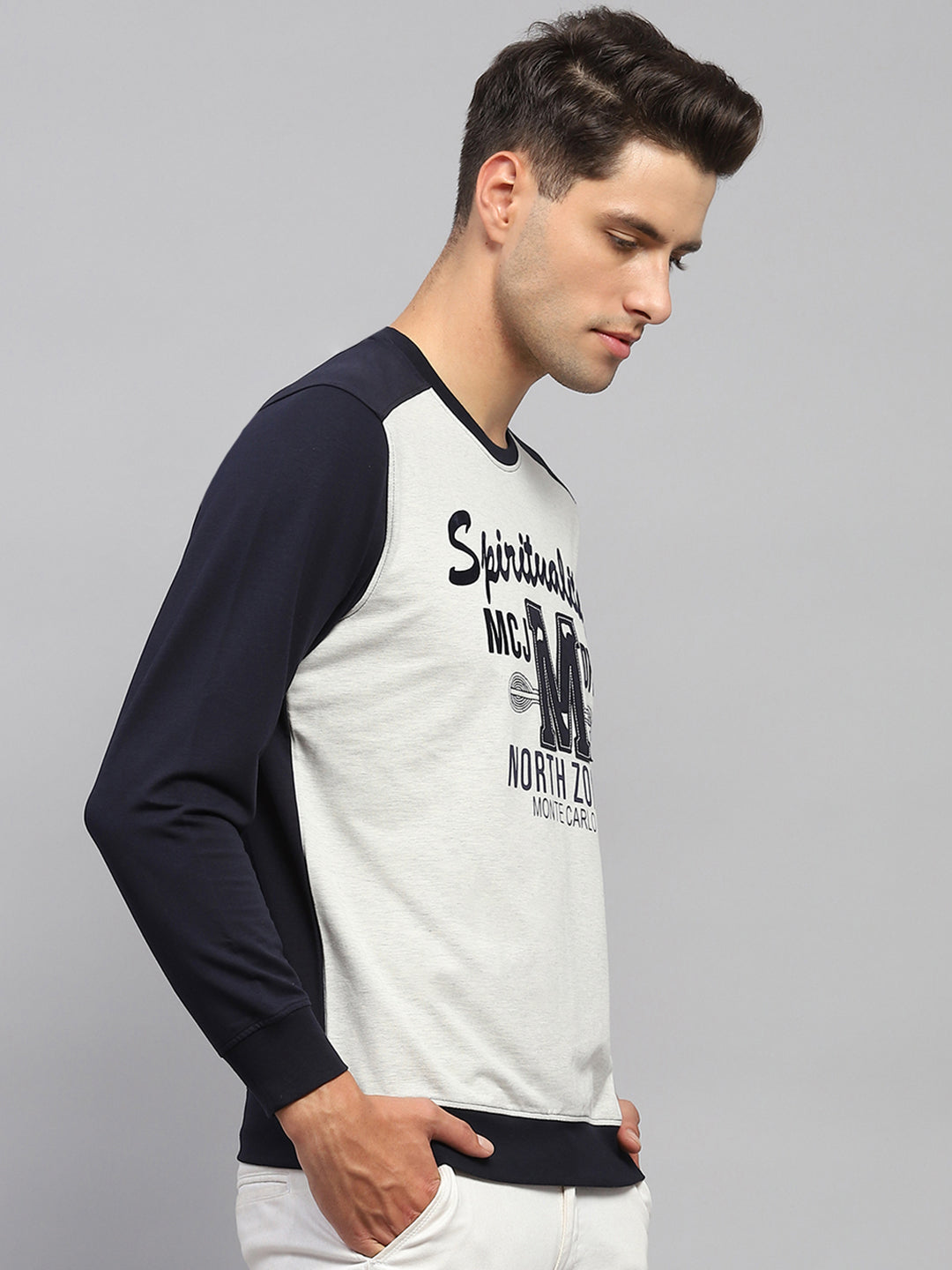 Men Navy Blue Printed Round Neck Full Sleeve T-Shirt