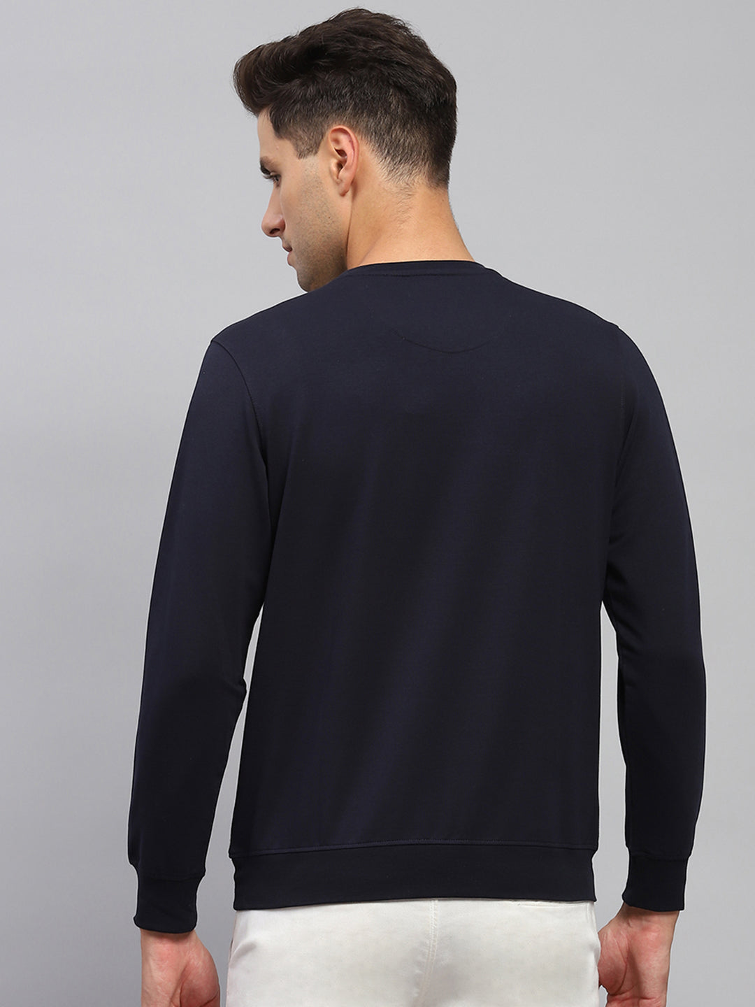 Men Navy Blue Printed Round Neck Full Sleeve T-Shirt