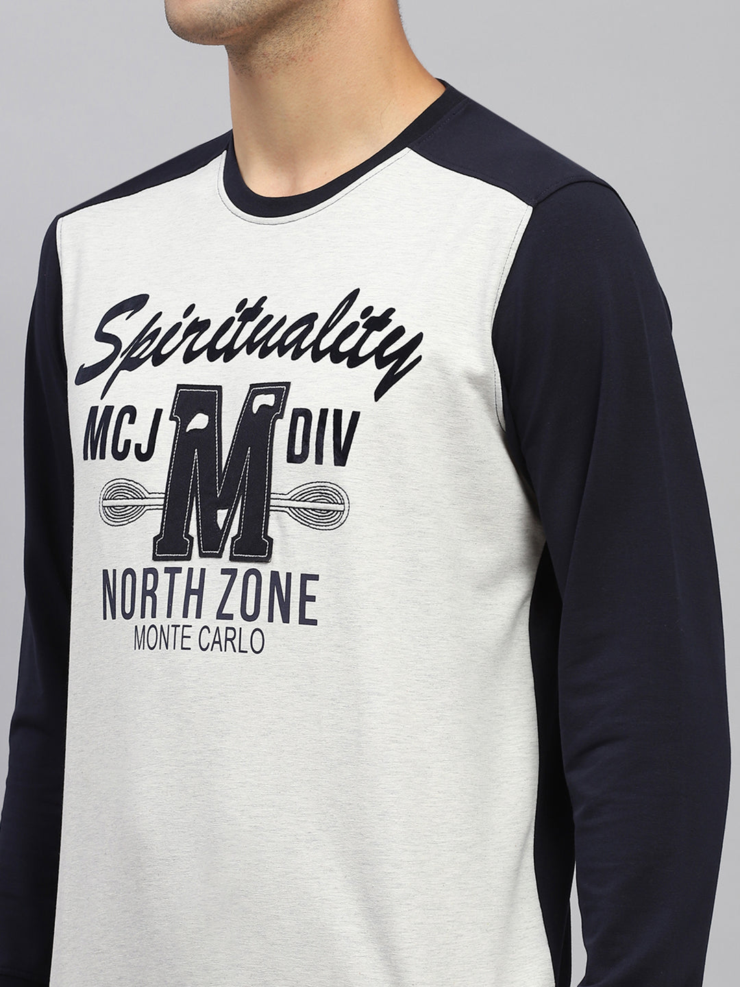 Men Navy Blue Printed Round Neck Full Sleeve T-Shirt