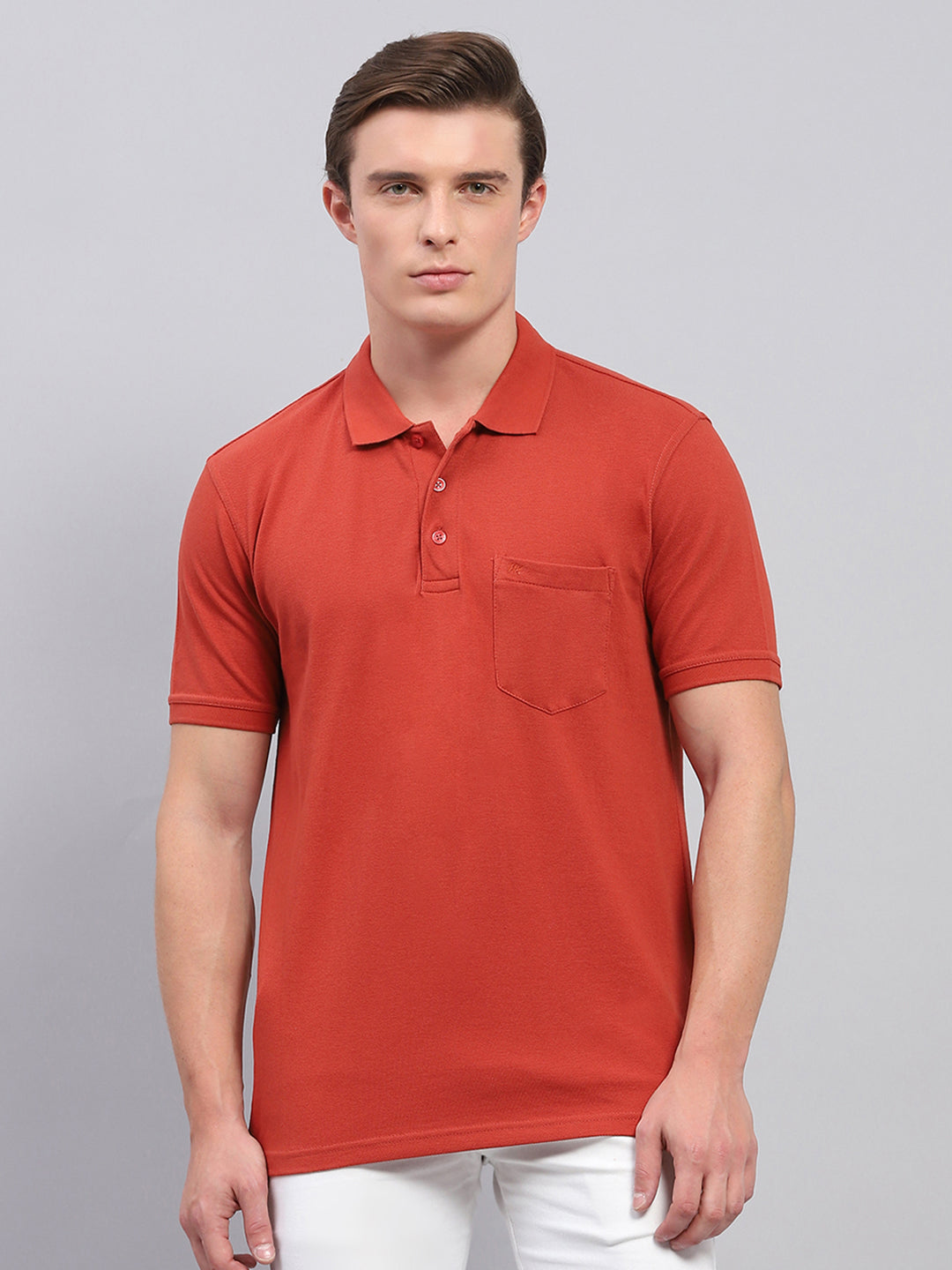 Men Rust Solid Collar Half Sleeve T-Shirt