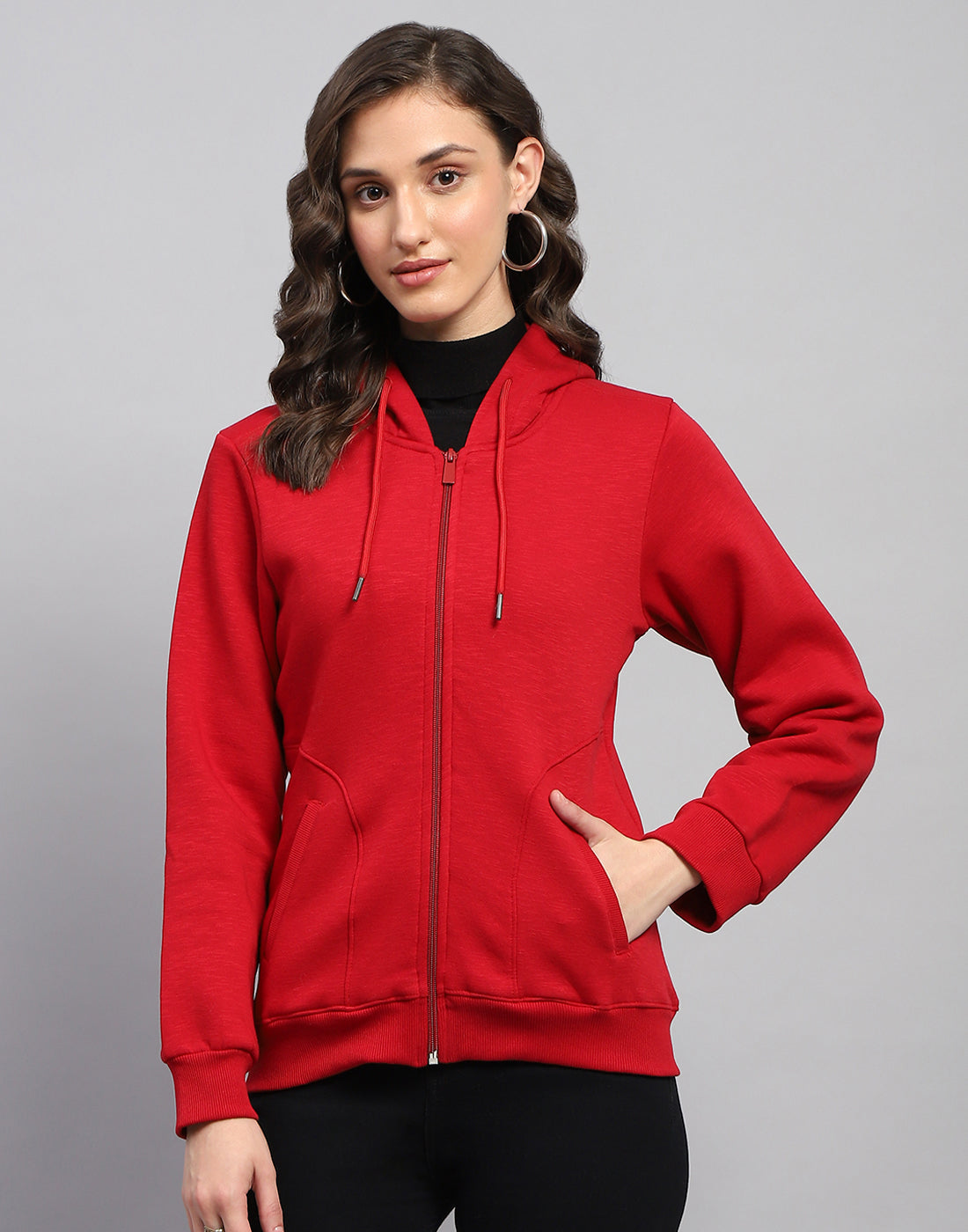 Women Red Solid Hooded Full Sleeve Sweatshirt