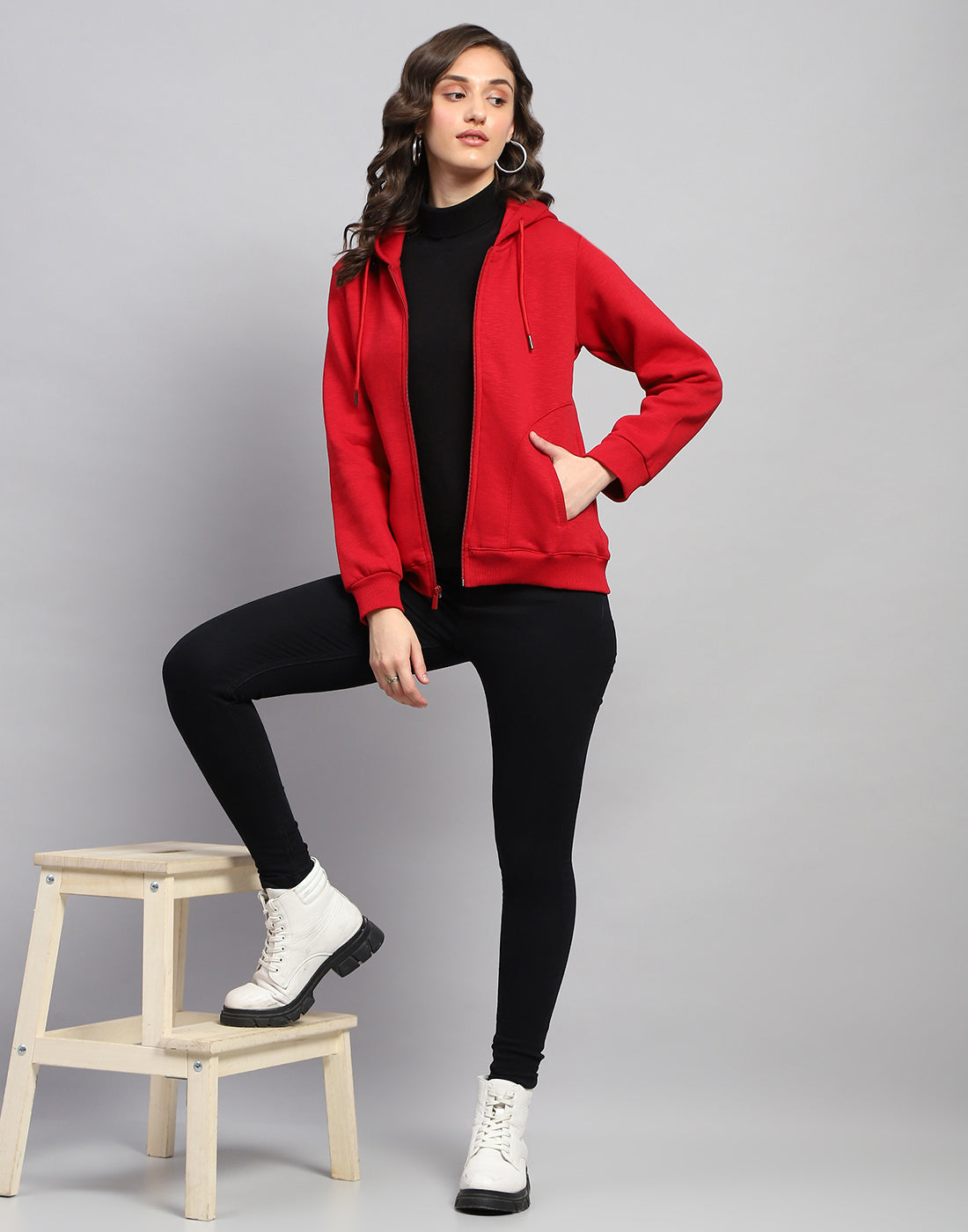 Women Red Solid Hooded Full Sleeve Sweatshirt