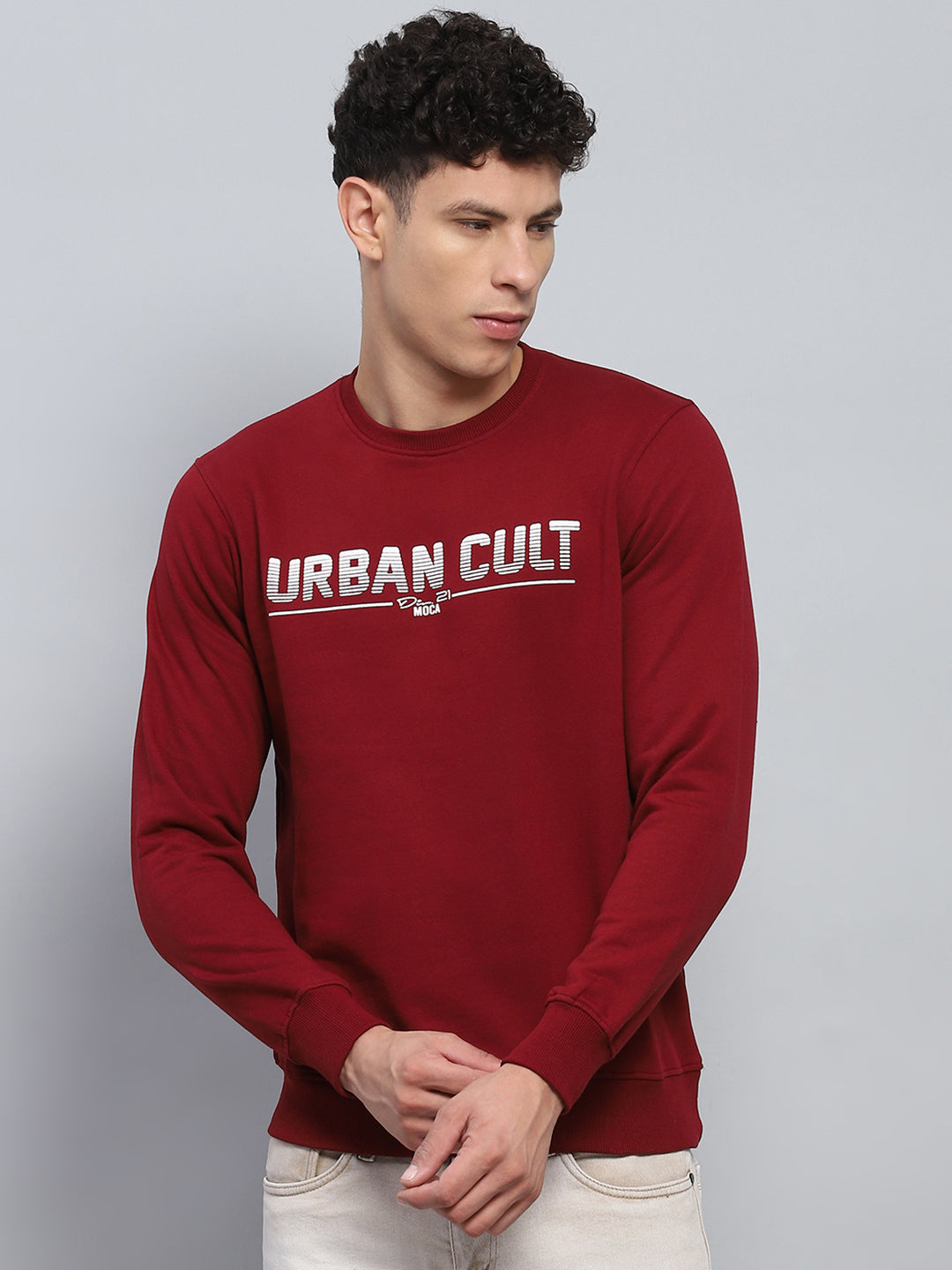 Men Maroon Printed Round Neck Full Sleeve Sweatshirt