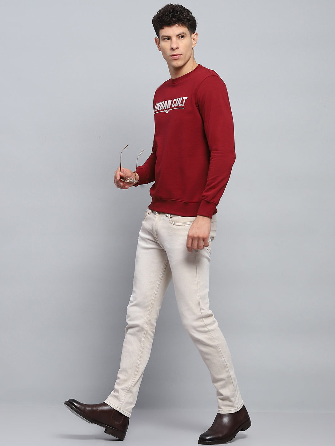 Men Maroon Printed Round Neck Full Sleeve Sweatshirt