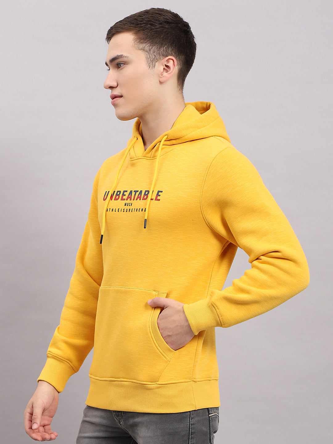 Men Yellow Printed Hooded Full Sleeve Sweatshirt
