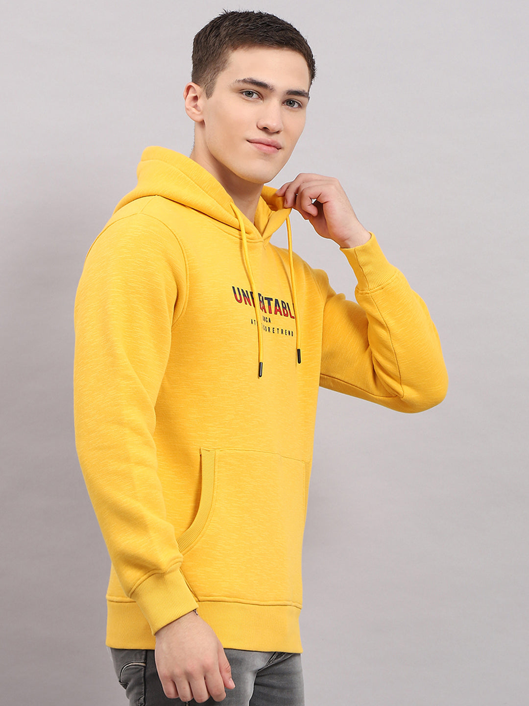 Men Yellow Printed Hooded Full Sleeve Sweatshirt