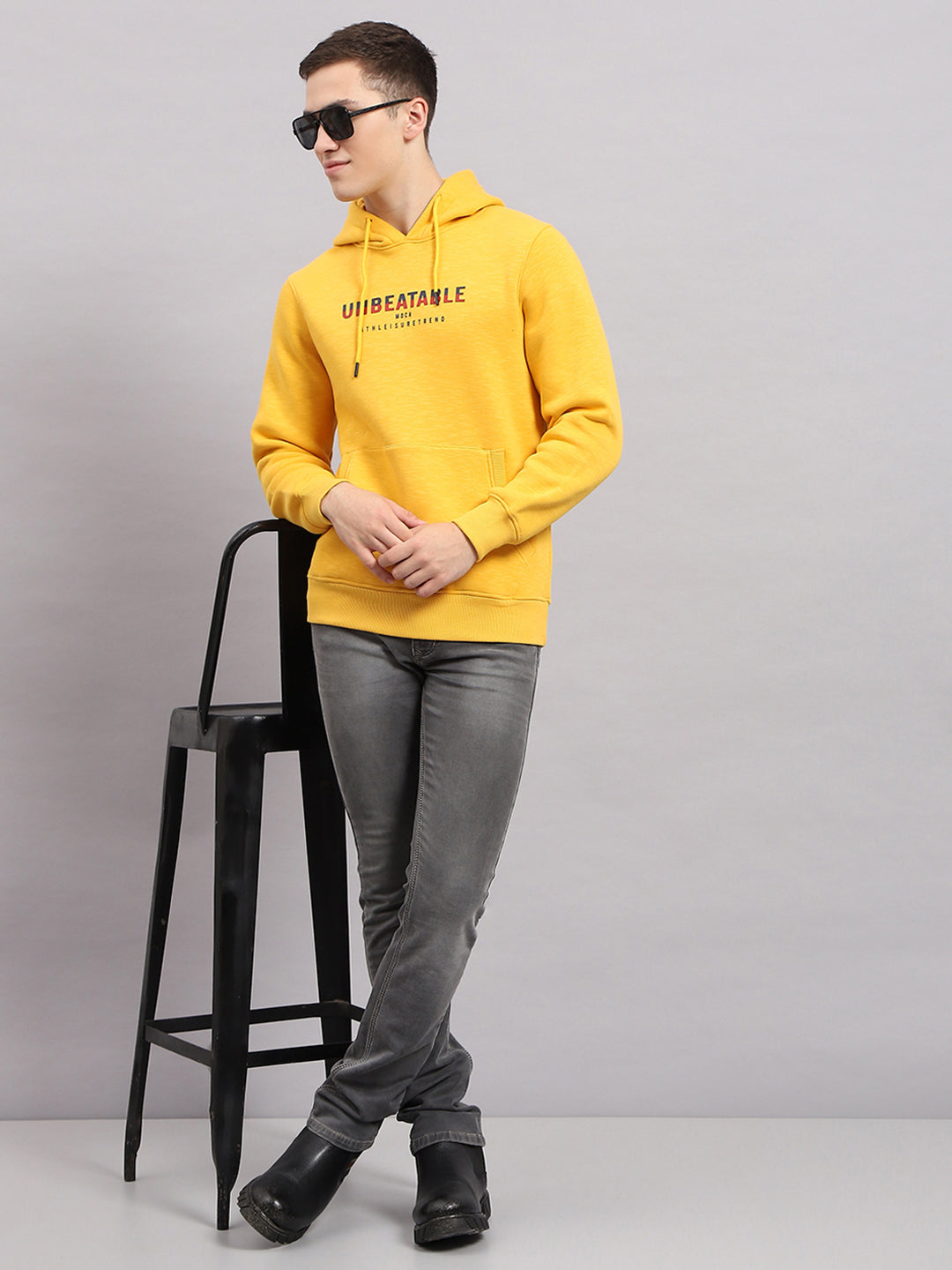Men Yellow Printed Hooded Full Sleeve Sweatshirt