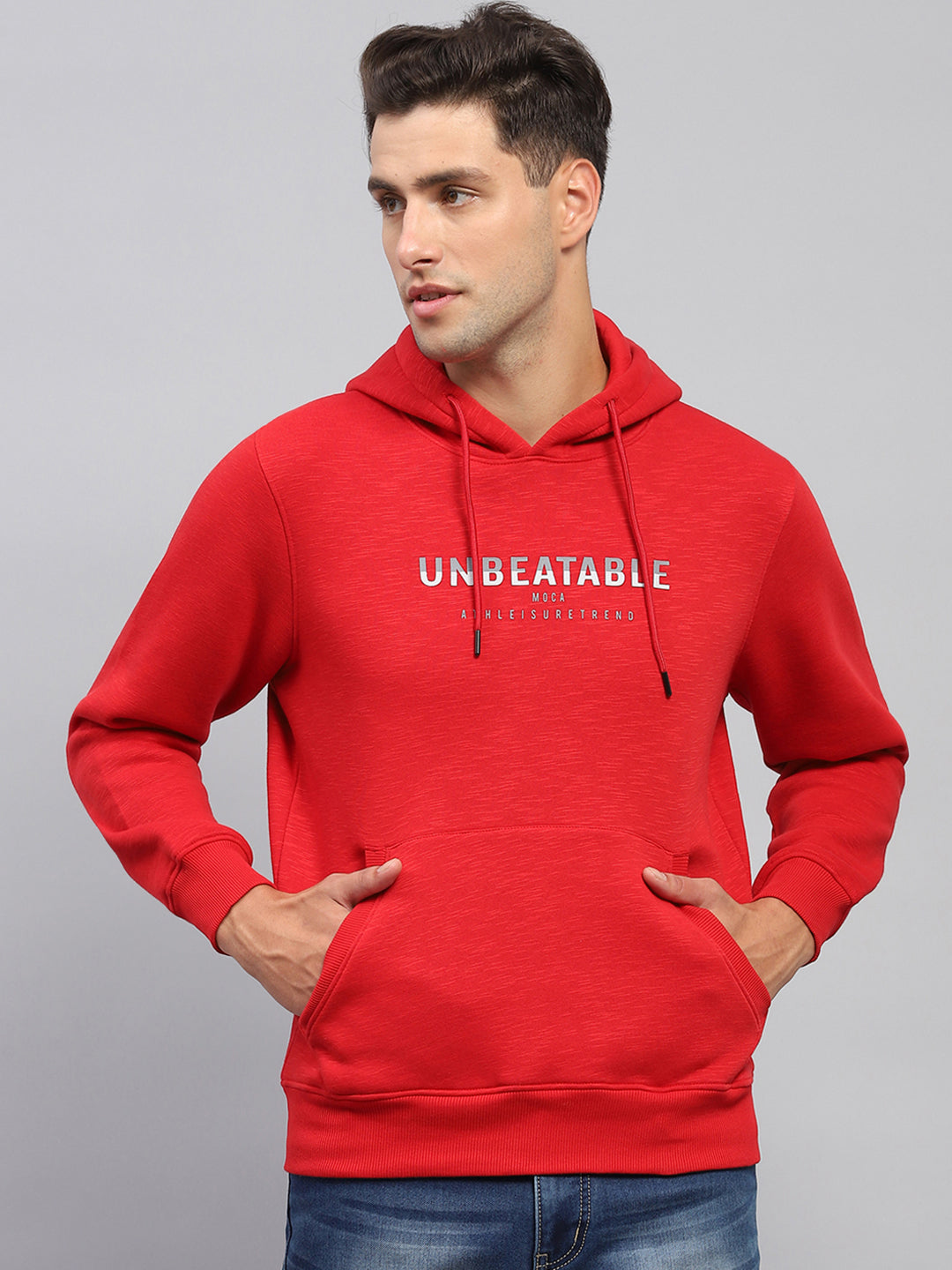 Men Red Printed Hooded Full Sleeve Sweatshirt