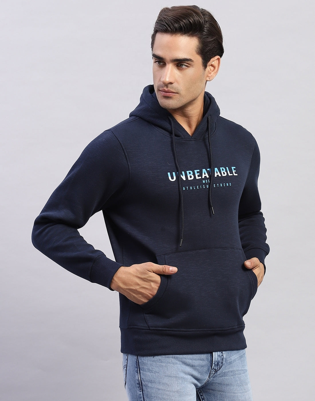 Men Navy Blue Solid Hooded Full Sleeve Sweatshirt
