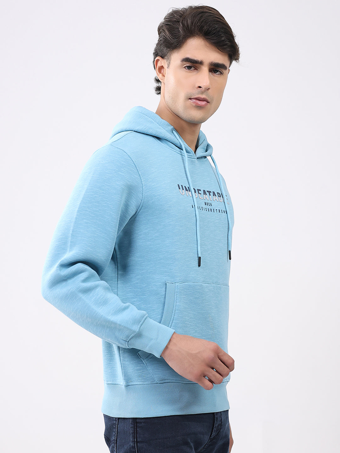 Men Aqua Blue Solid Hooded Full Sleeve Sweatshirt