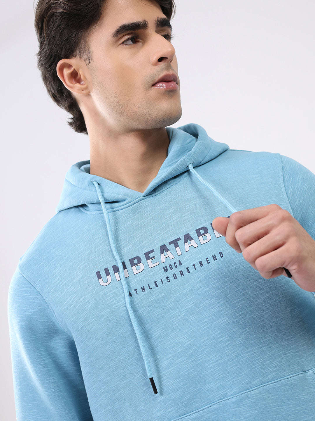 Men Aqua Blue Solid Hooded Full Sleeve Sweatshirt