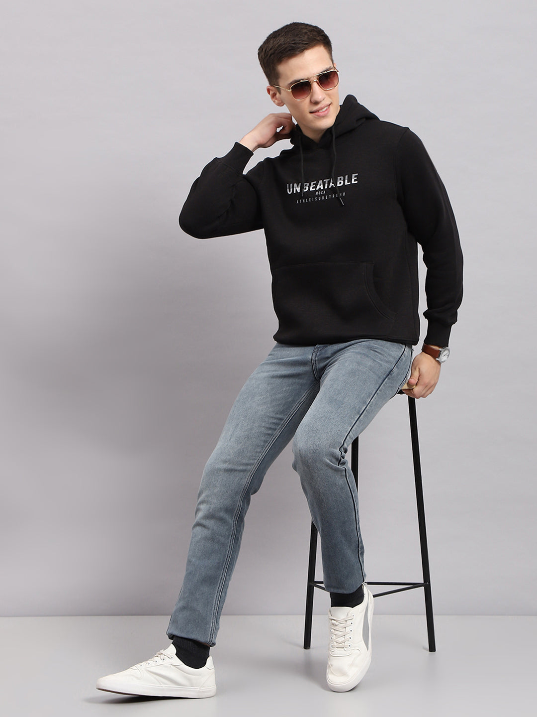 Men Black Printed Hooded Full Sleeve Sweatshirt