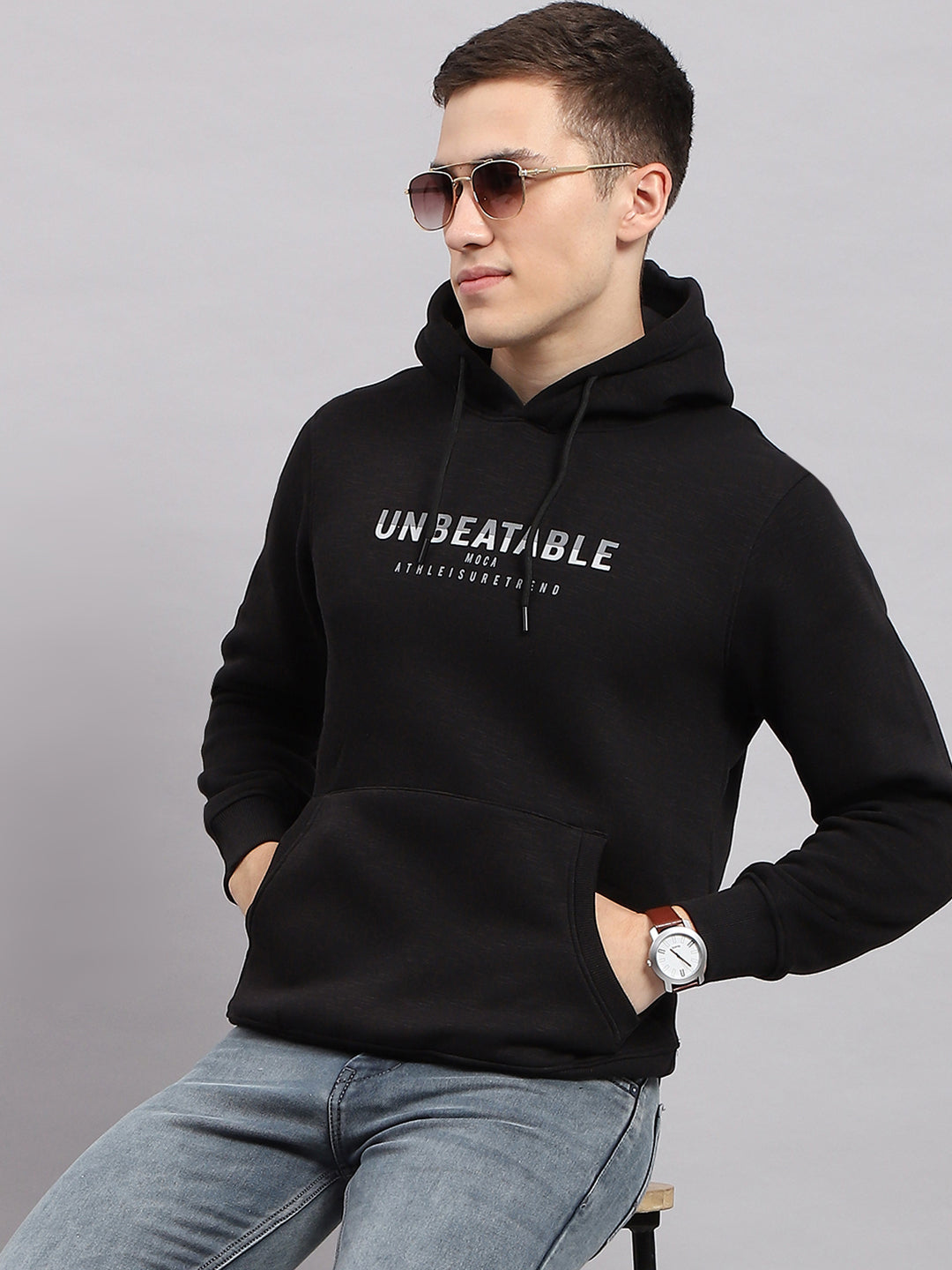 Men Black Printed Hooded Full Sleeve Sweatshirt