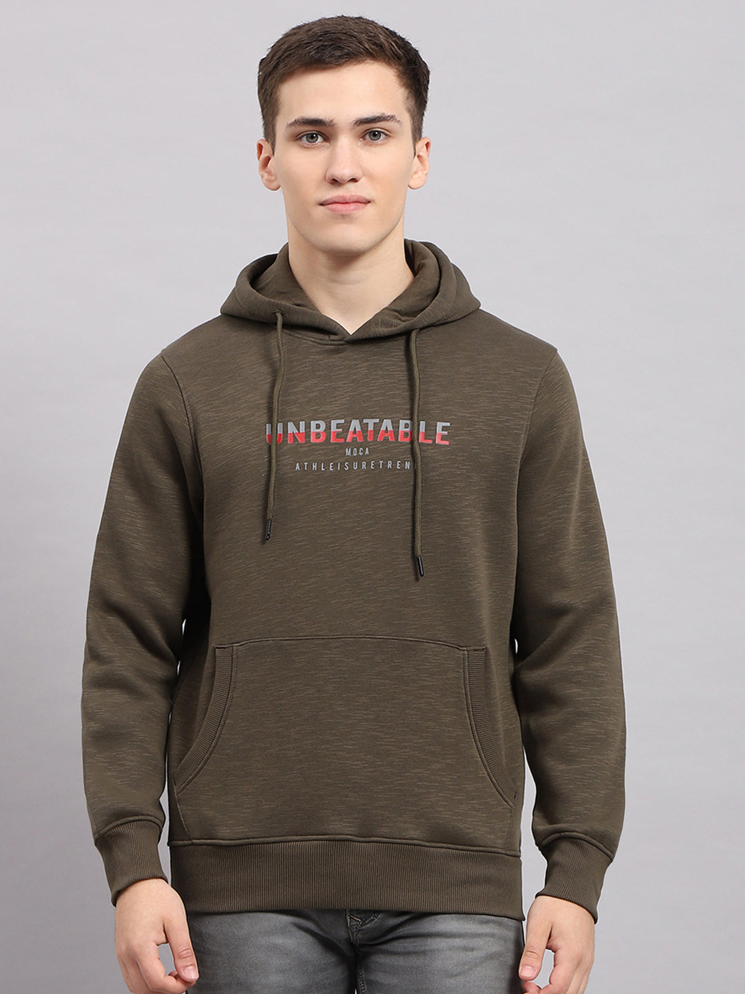 Men Olive Printed Hooded Full Sleeve Sweatshirt