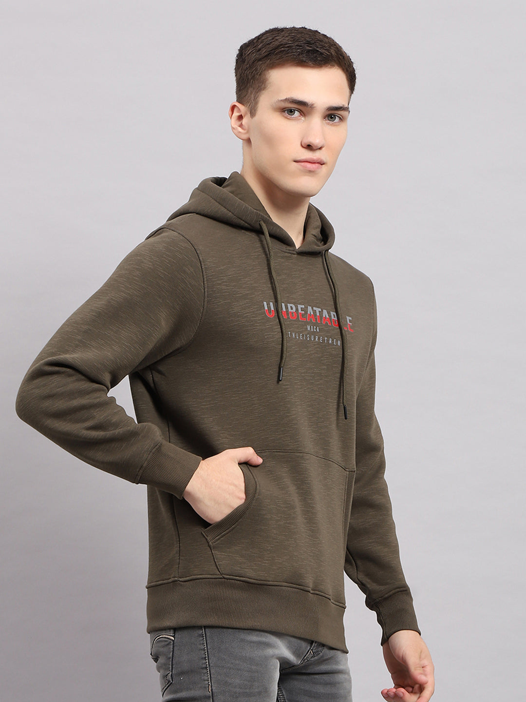 Men Olive Printed Hooded Full Sleeve Sweatshirt