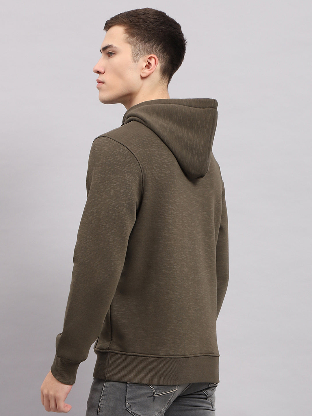 Men Olive Printed Hooded Full Sleeve Sweatshirt