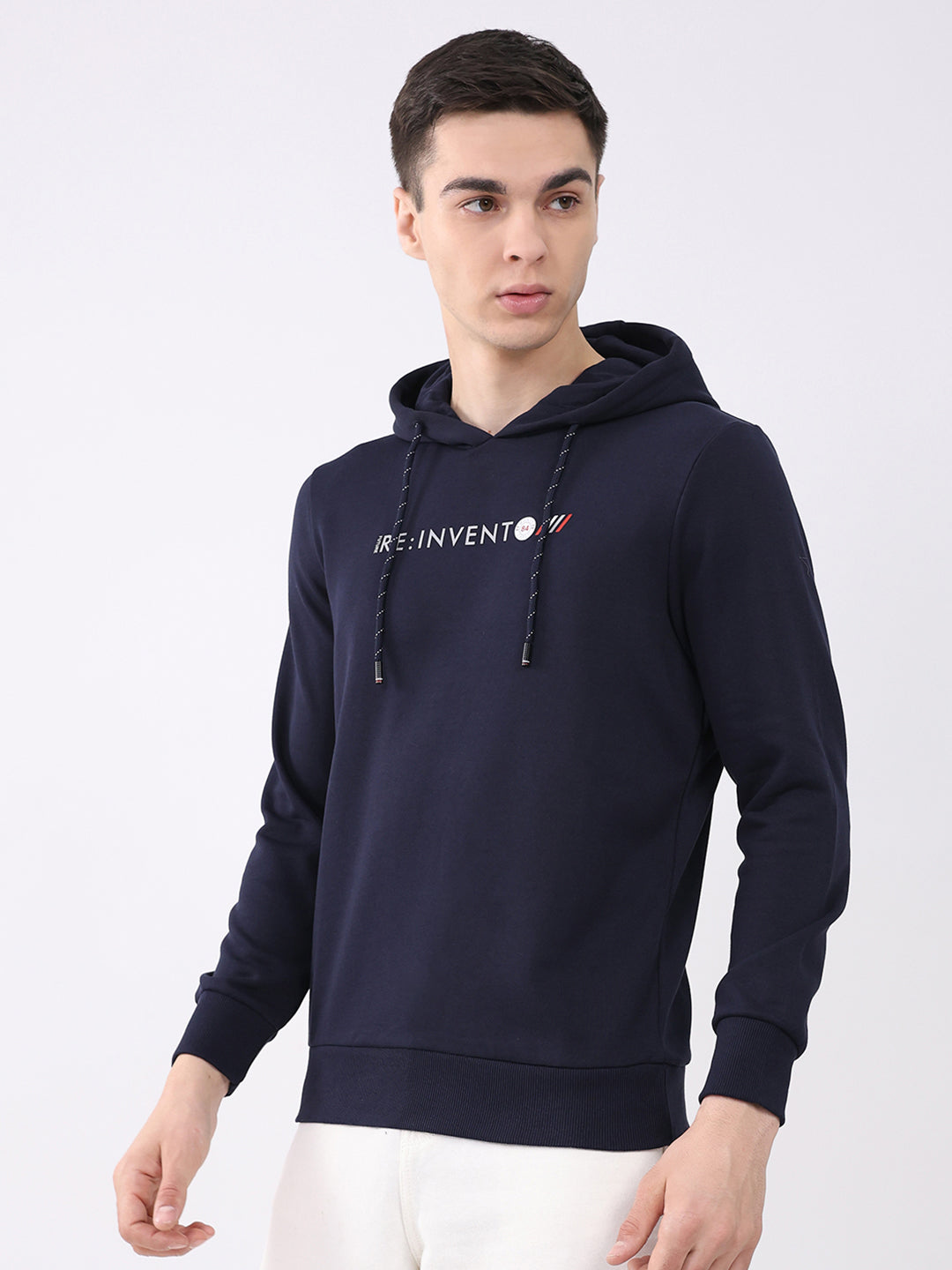 Men Navy Blue Solid Hooded Full Sleeve Sweatshirt