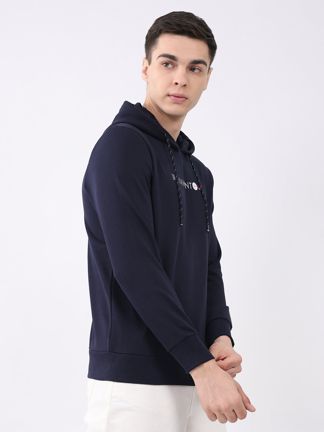 Men Navy Blue Solid Hooded Full Sleeve Sweatshirt