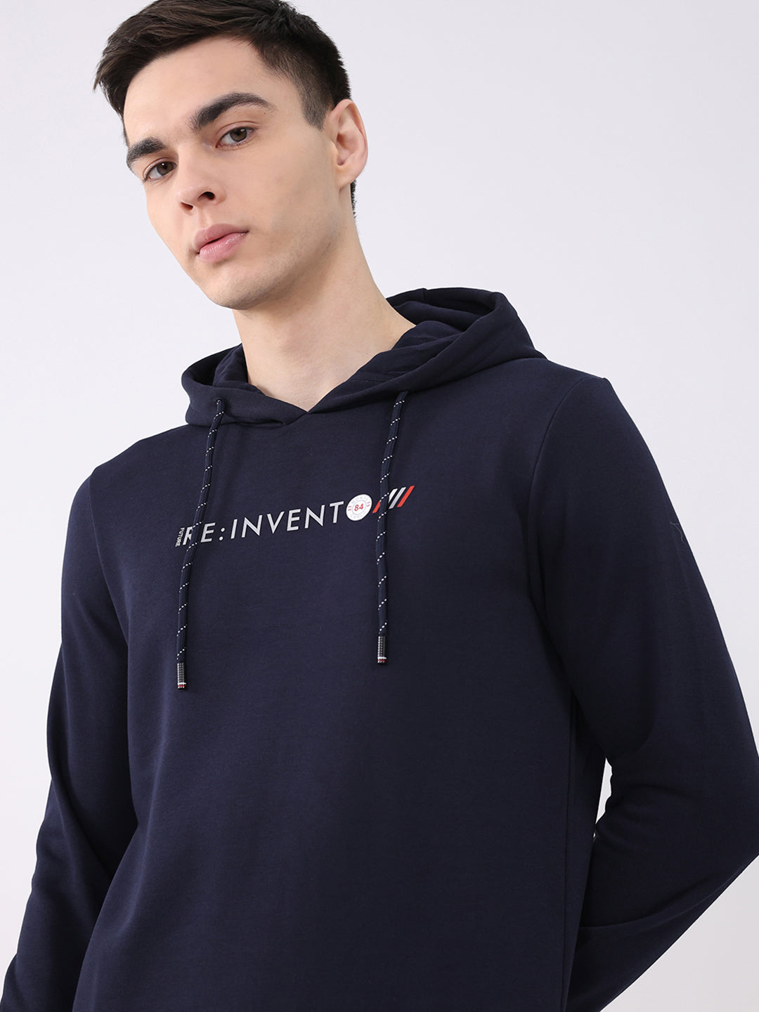 Men Navy Blue Solid Hooded Full Sleeve Sweatshirt