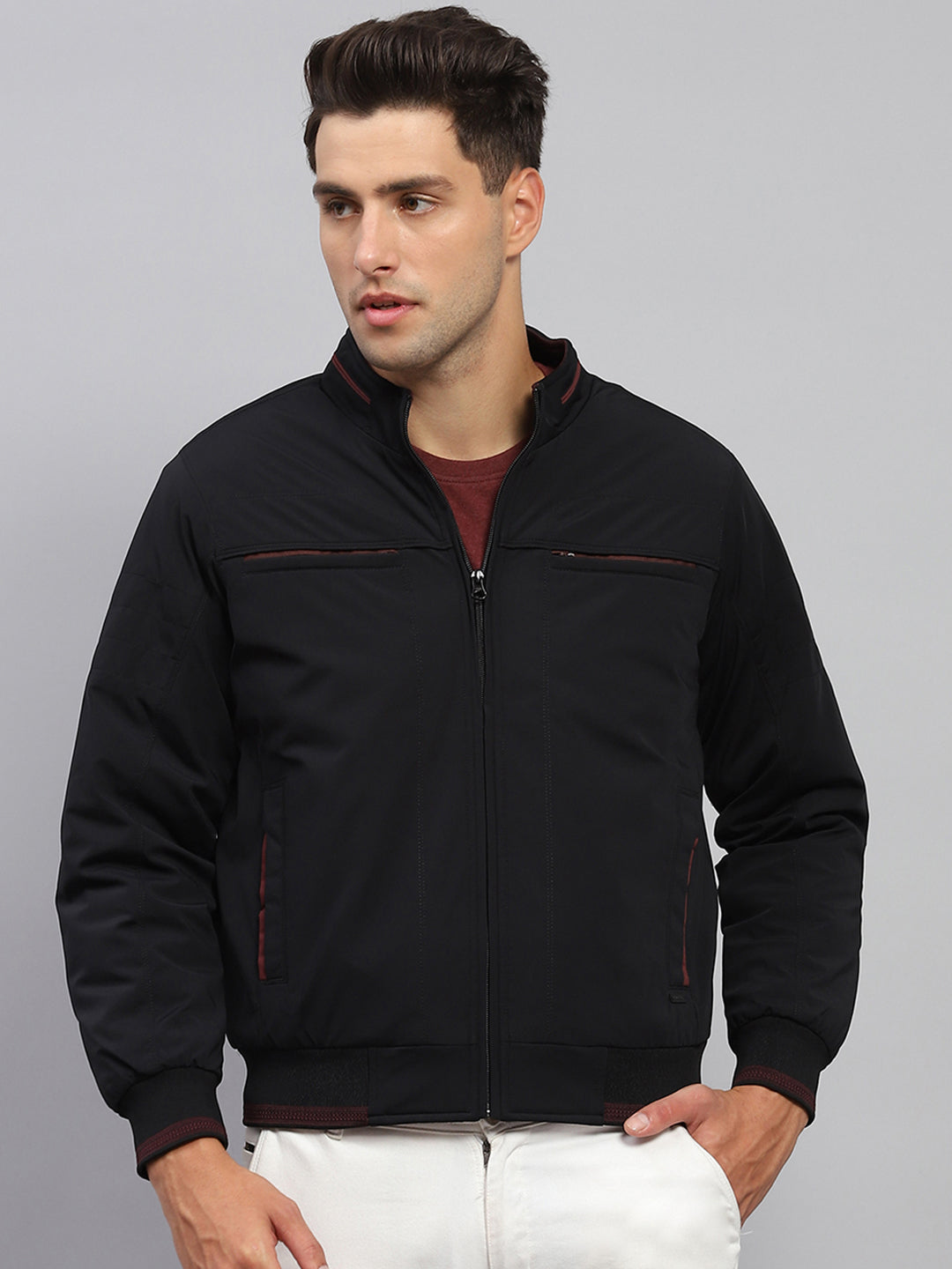 Men Black Solid Mock Neck Full Sleeve Jacket