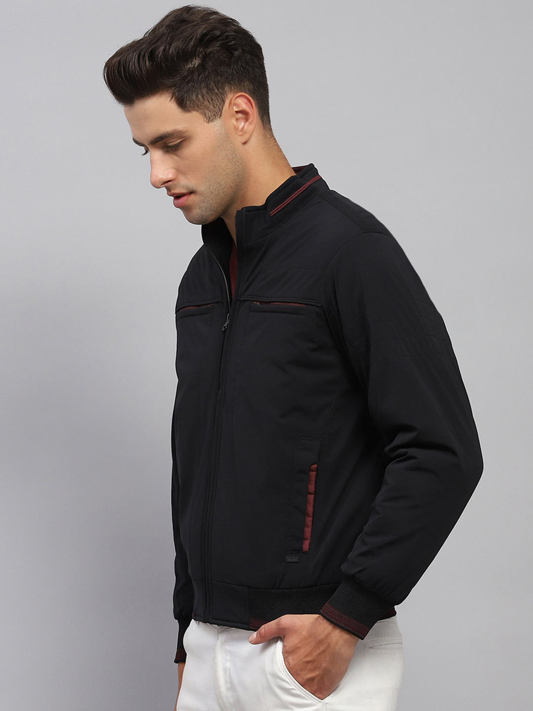 Men Black Solid Mock Neck Full Sleeve Jacket