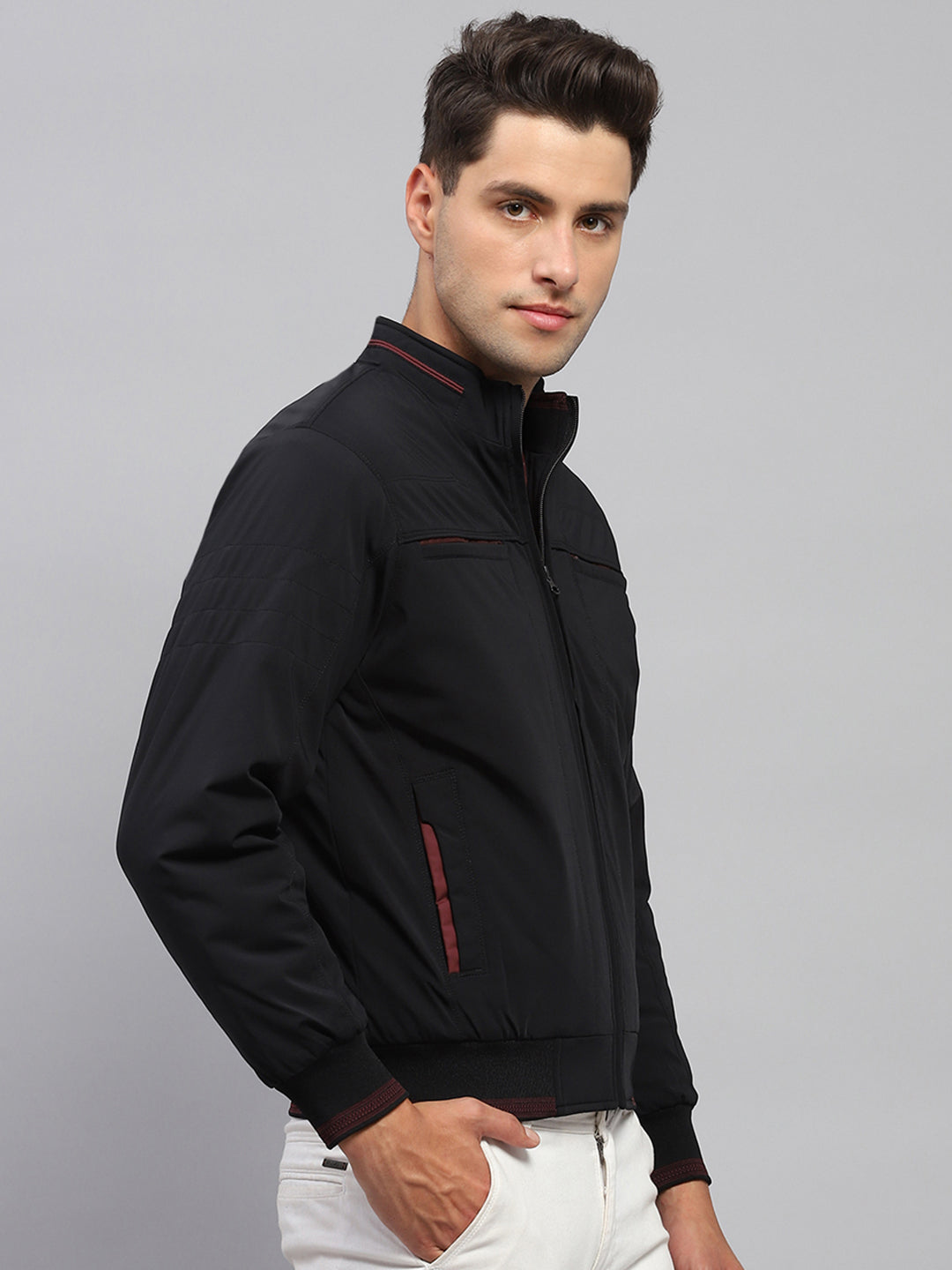 Men Black Solid Mock Neck Full Sleeve Jacket