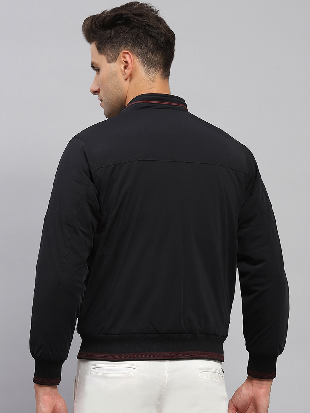 Men Black Solid Mock Neck Full Sleeve Jacket